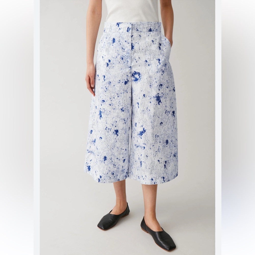 COS White & Blue Wide-Leg Cropped Pants culottes